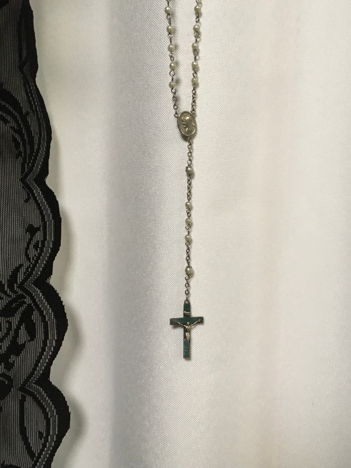 진주 청록 로자리오 십자가 네크리스 상품이미지5