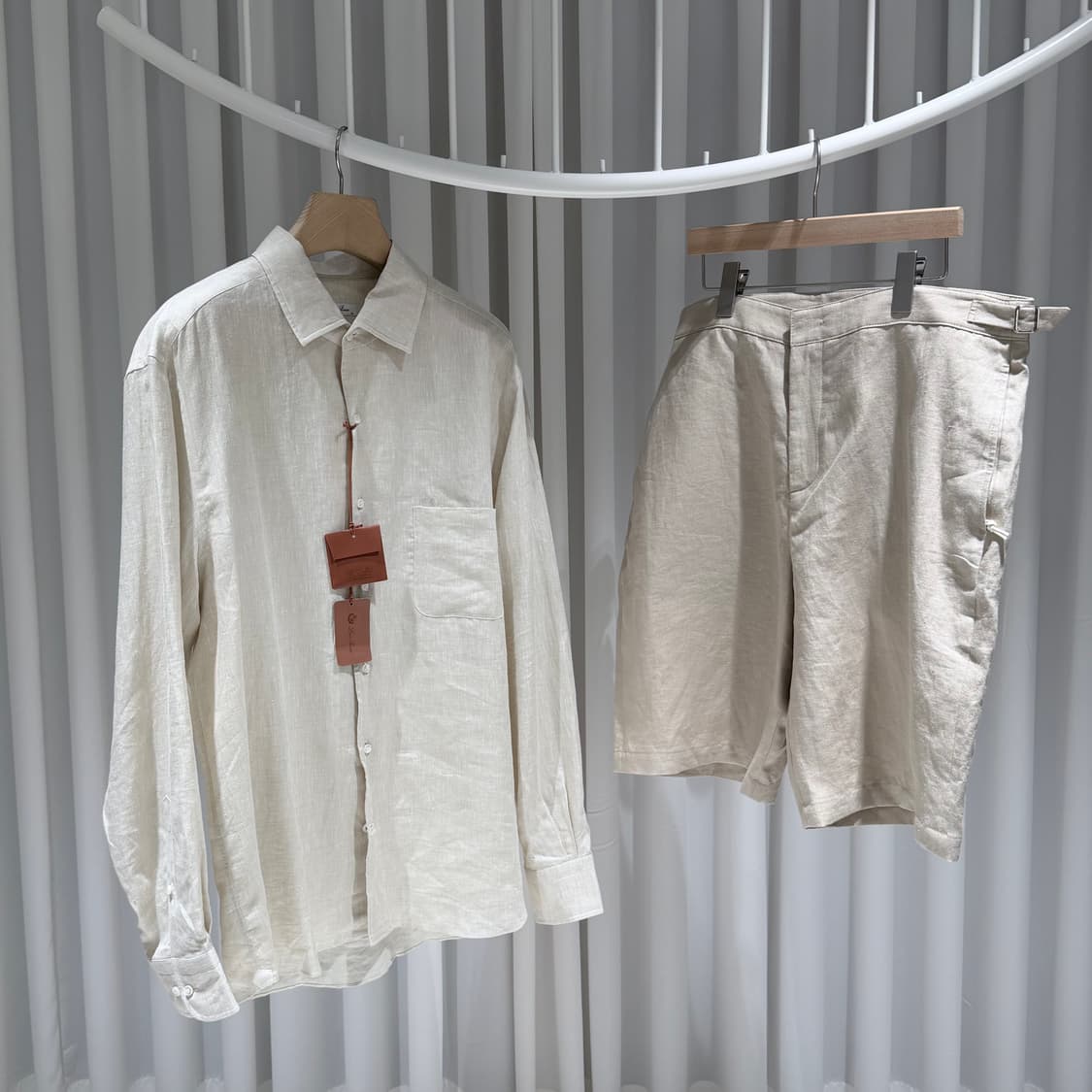 (S/XL,54) / 로로피아나 아이보리 린넨 셔츠 반바지 셋업 상품이미지1
