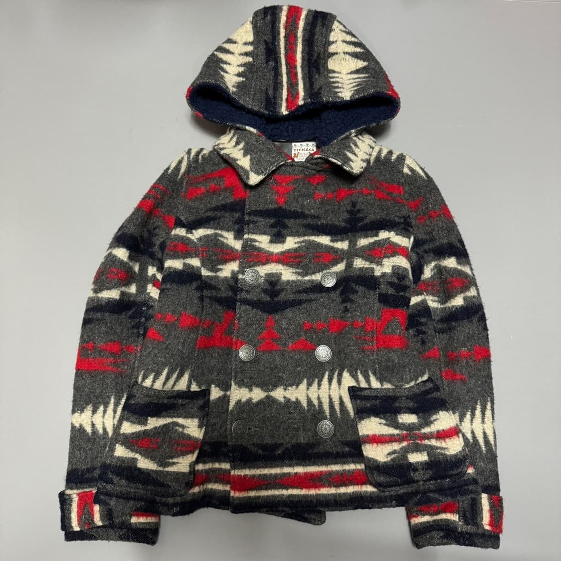 TITICACA 차콜컬러 나바호 풀 패턴 울 혼방 더블 하프 코트 자켓 상품이미지6