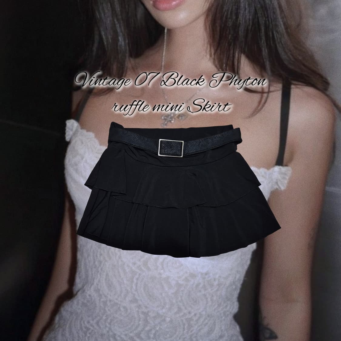 Vintage 07 Black Phyton ruffle mini Skir 상품이미지1
