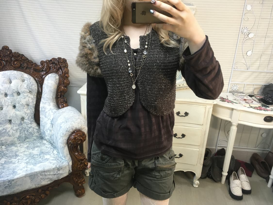 Set)브라운 퍼 글리터 가디건 + 스트라이프 롱슬리브 상품이미지1