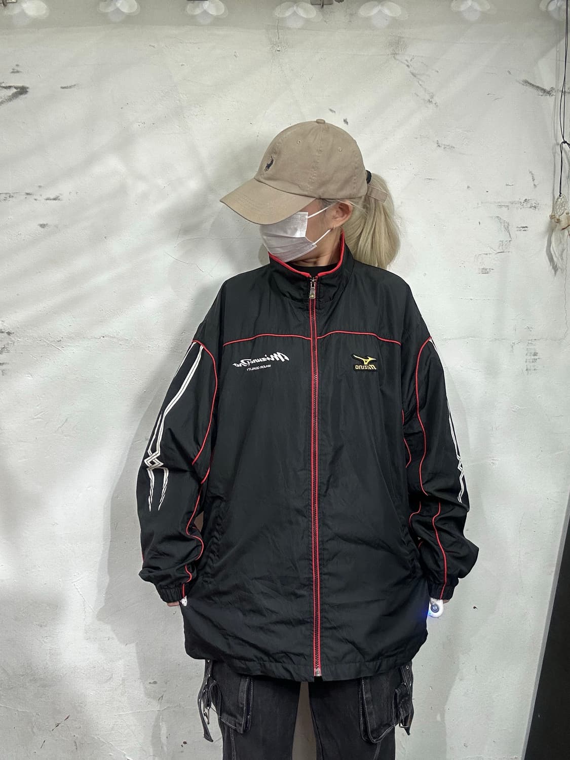 미즈노 블랙 올드스쿨 사이드 라인 오버핏 바람막이 빅 로고 트랙 자켓 L 상품이미지2