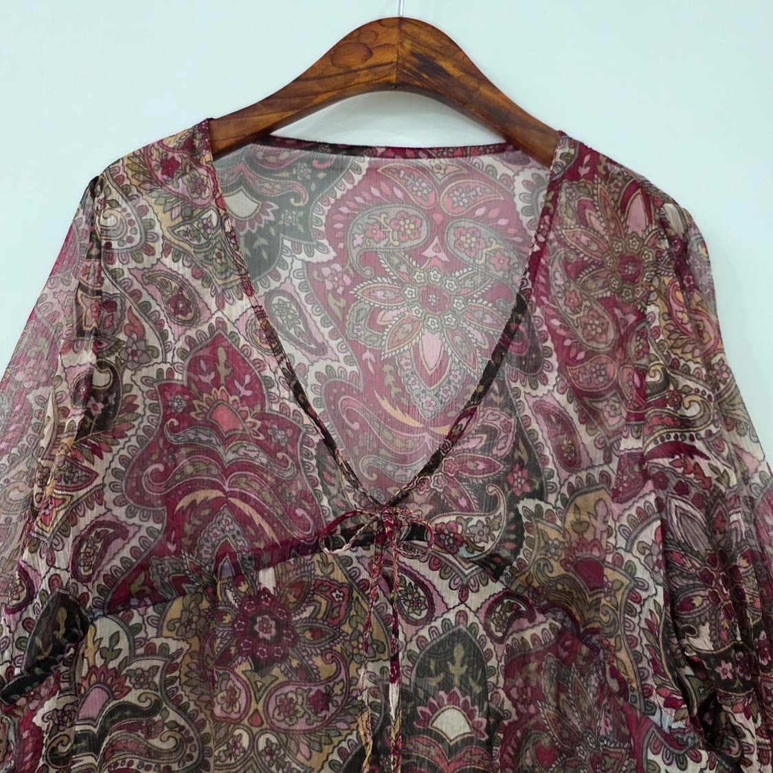 보헤미안 와인 페이즐리 쉬폰 리본 블라우스 일본빈티지 상품이미지3