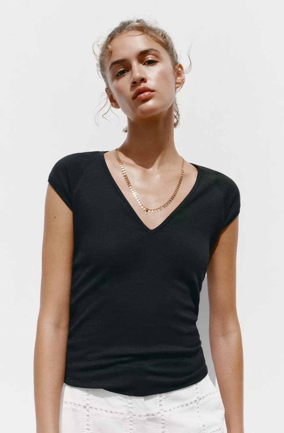 ZARA 자라 립 브이넥 티셔츠, 자라 슬림핏 브이넥 반팔 티셔츠 상품이미지1