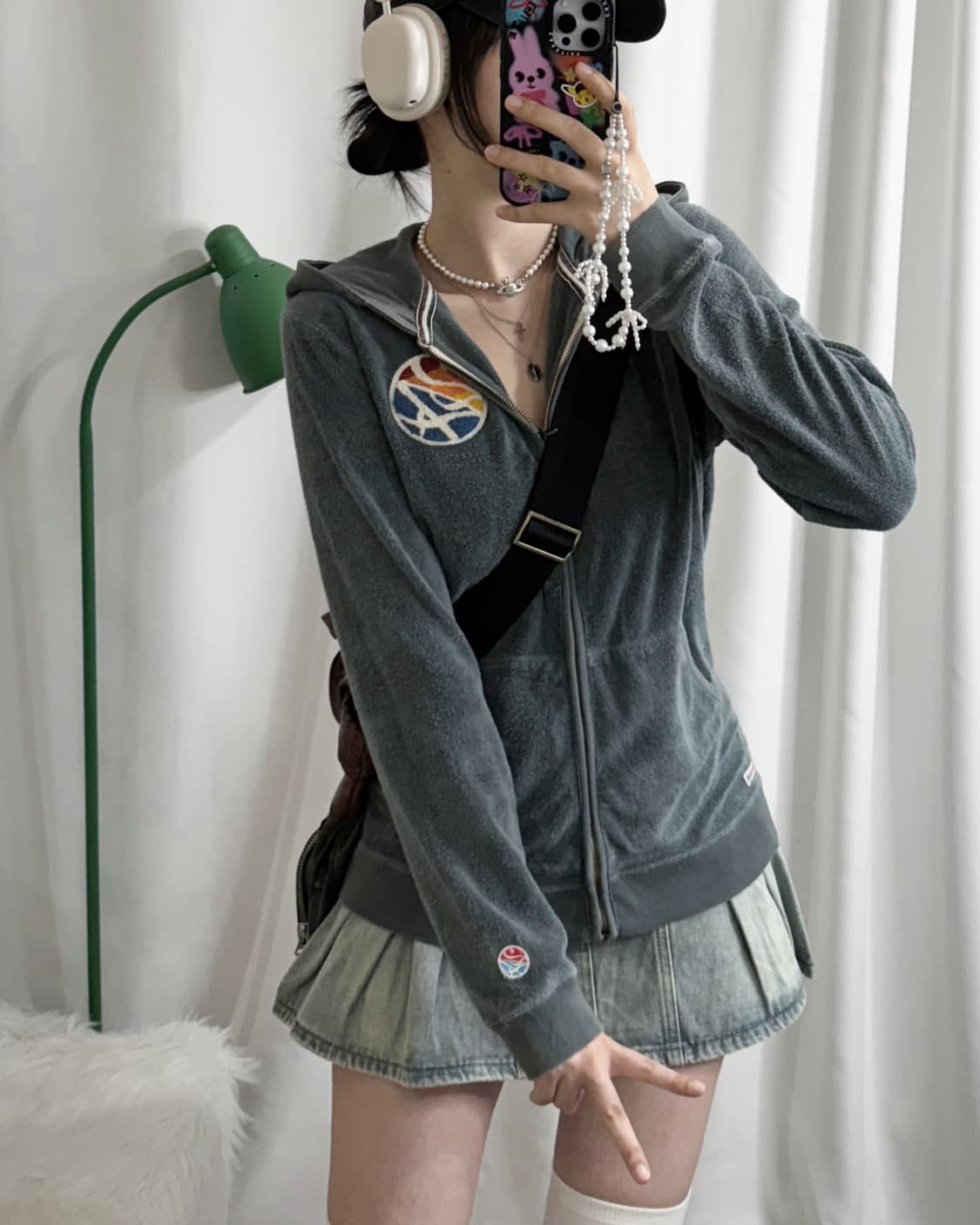 청록 테리 레터링 후드 집업 상품이미지3