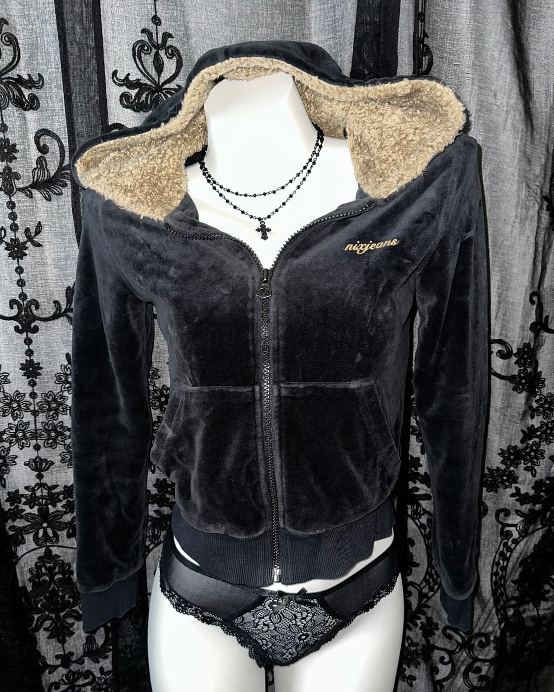 Gyaru Velvet Wool Hooded Zip-Up 상품이미지2