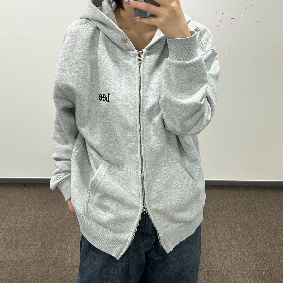 Lee 리 블랙 로고 그레이 후드집업 상품이미지2