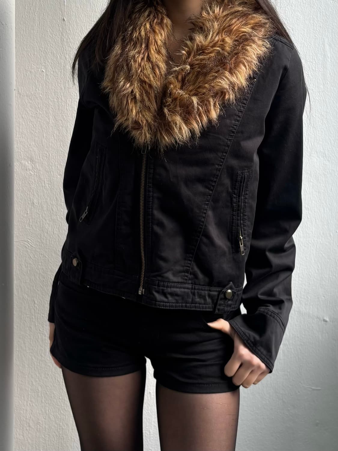 Vintage Black Fur Collar Zip-Up Jacket 상품이미지2