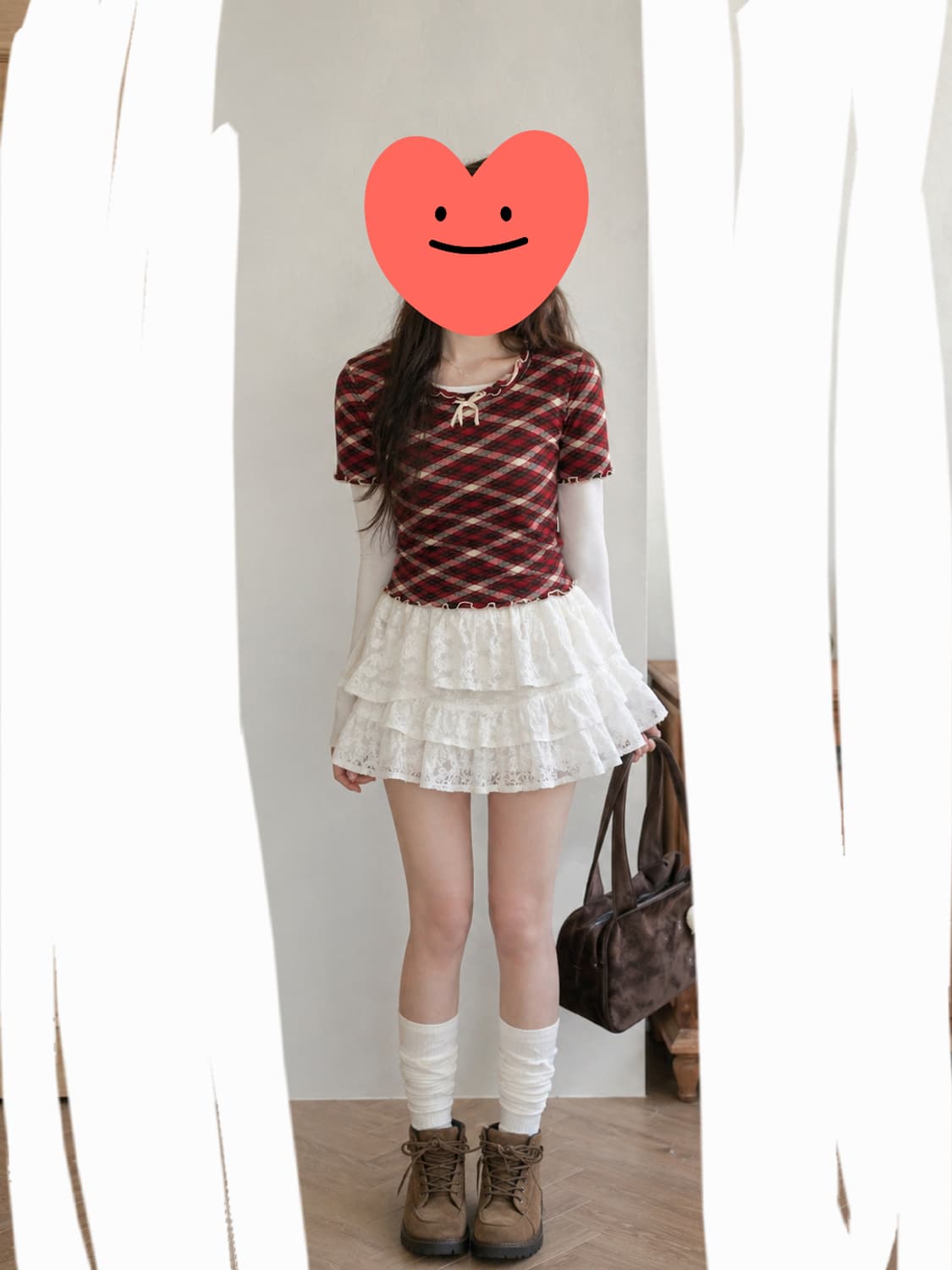 일본빈티지)로맨틱 핀터깔 레드체크 프릴리본 히메오네갸루로걀니트반팔탑 상품이미지2