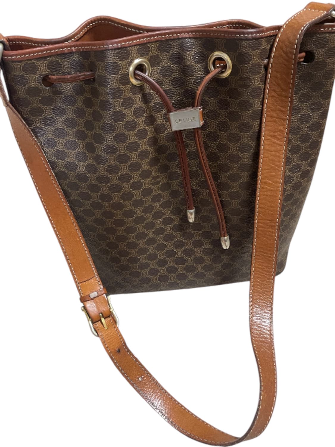 셀린느 빈티지 드로스트링 버킷백 브라운 트리오페 크로스백 마카담 캔버스 상품이미지5