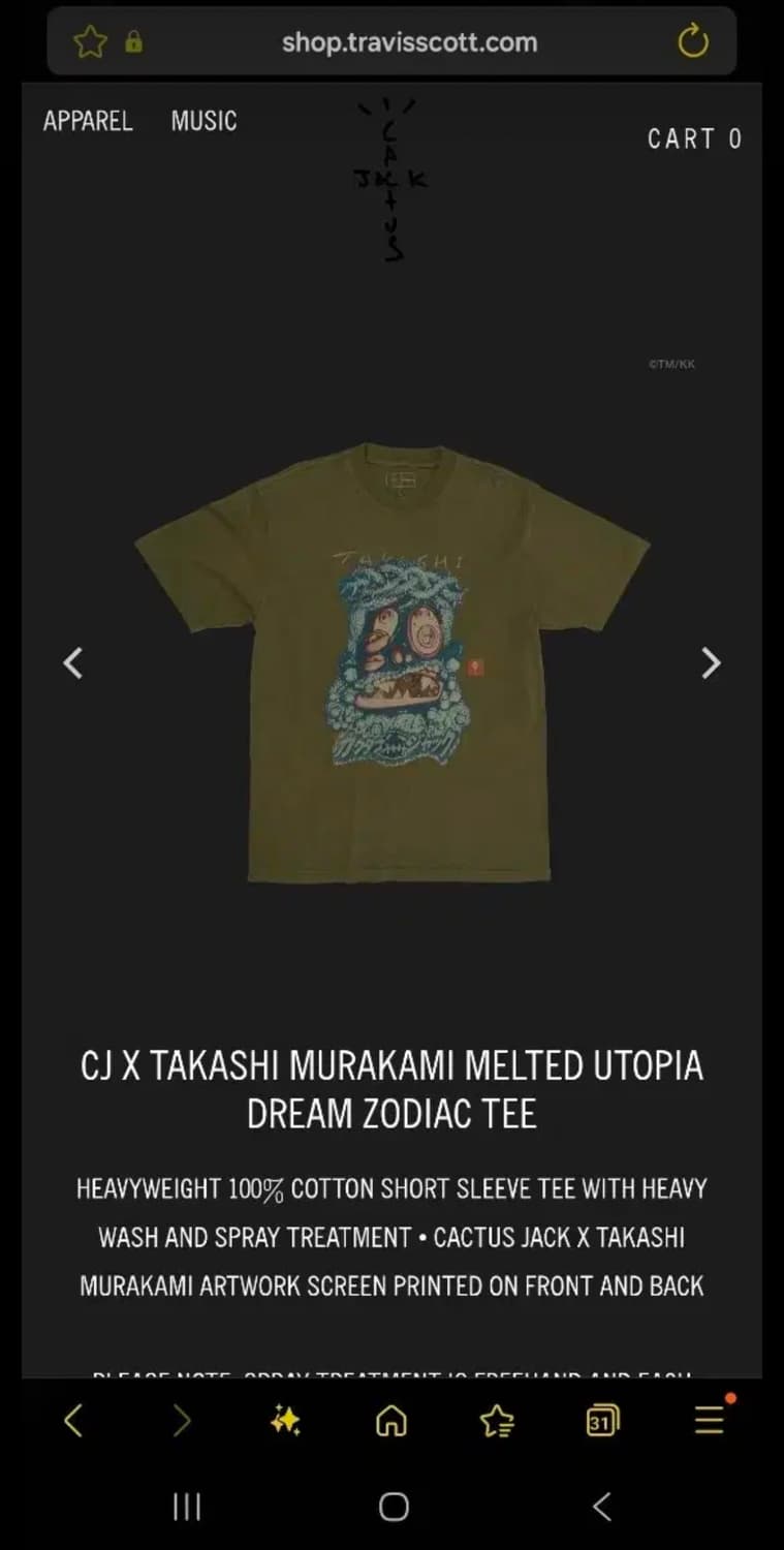 무라카미 타카시 x 캑터스잭 트래비스 스캇 유토피아 조디악 티셔츠 XL 상품이미지2