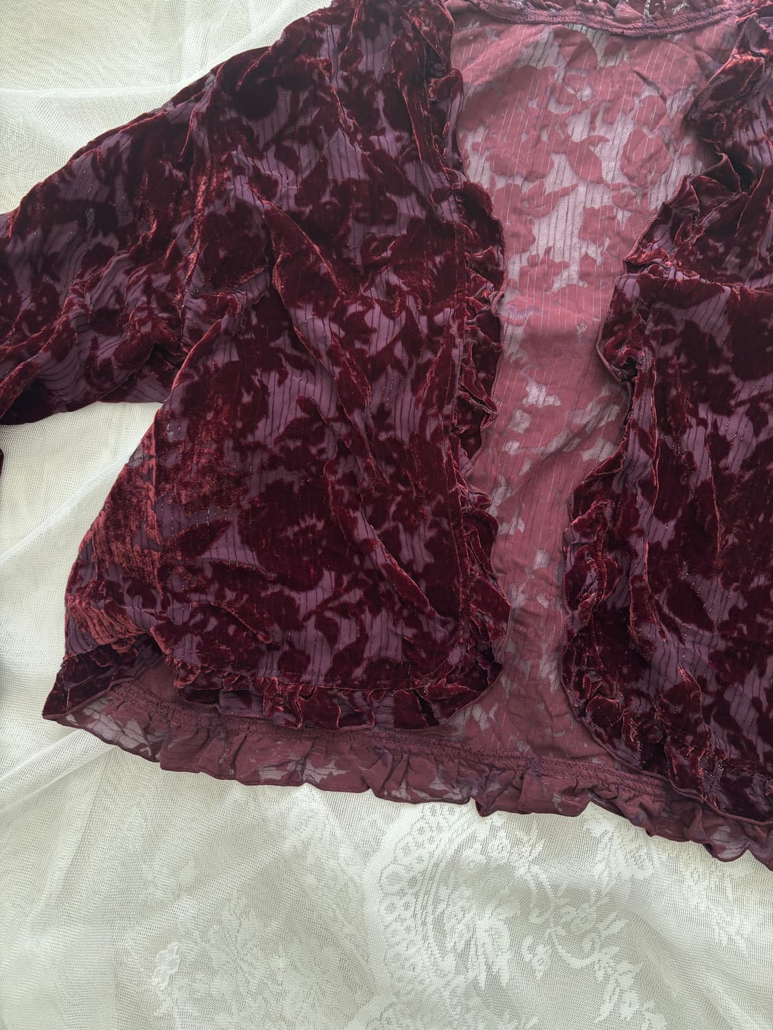 오리엔탈 버건디 플로럴 벨벳 시스루 가디건 상품이미지2