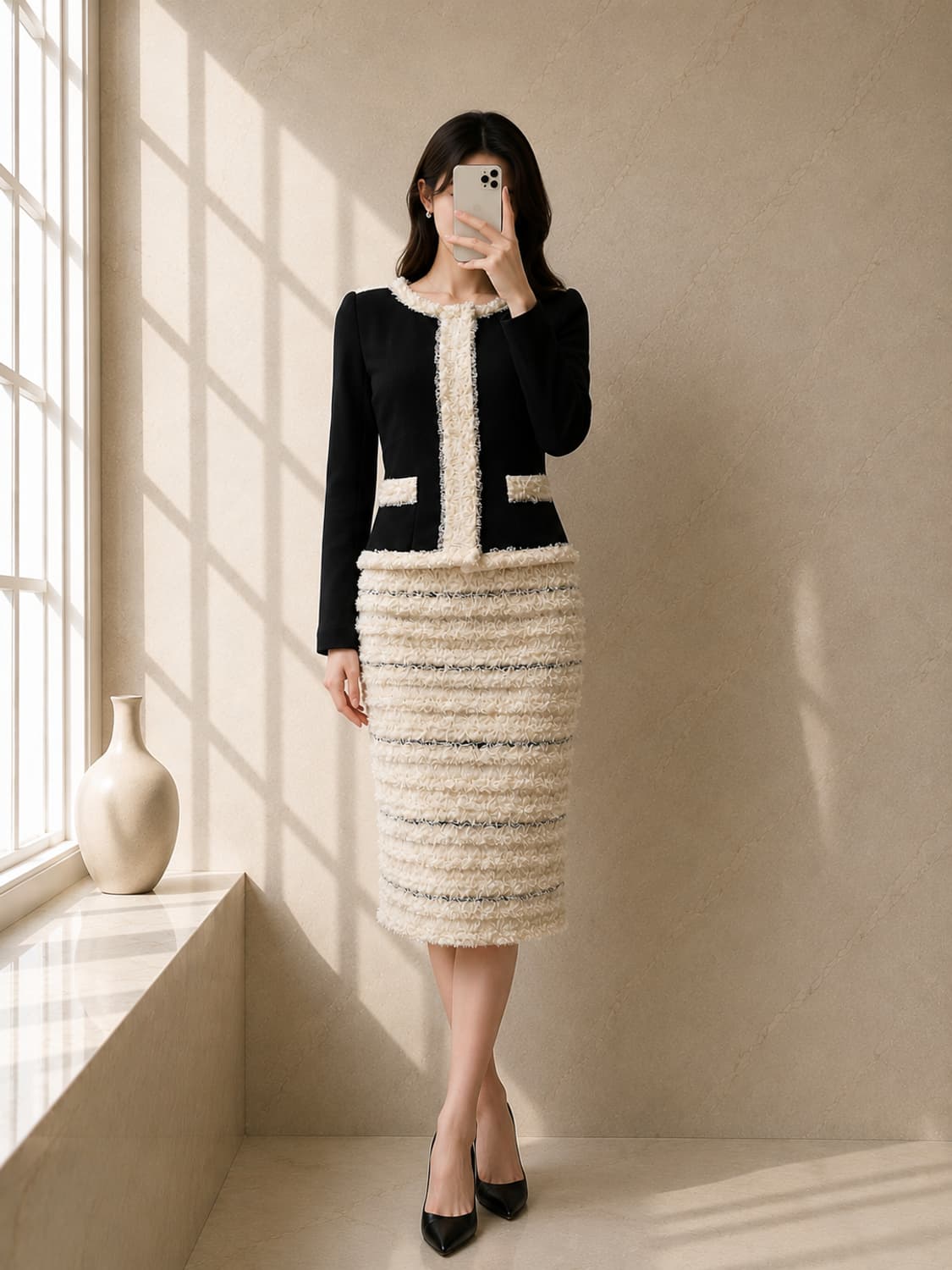 FENDI 런웨이 컬렉션 블랙 & 아이보리 부클레 자켓 + 스커트 셋업 상품이미지2