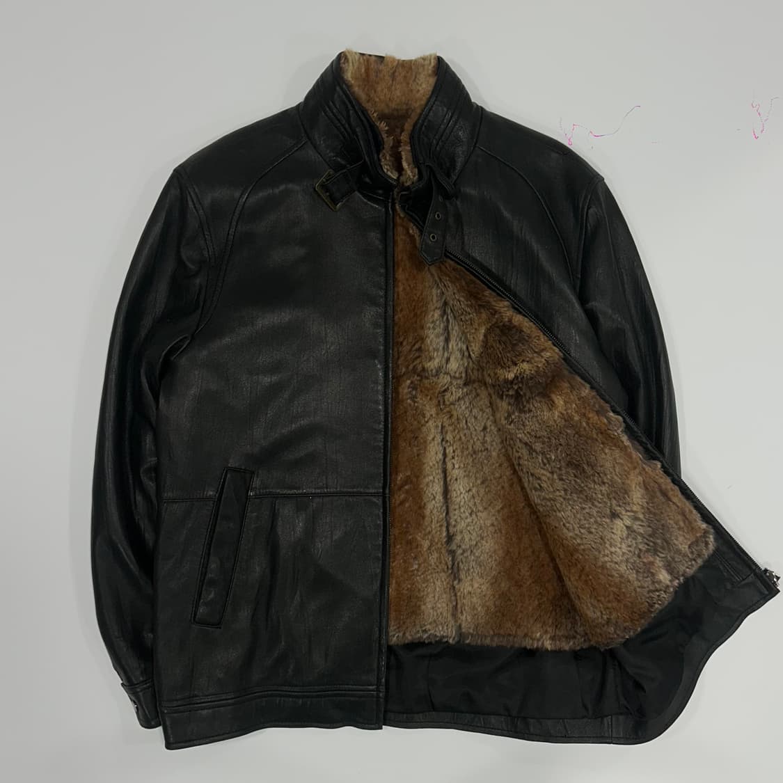 Vintage 안감 퍼 버클넥 레더 자켓 상품이미지4