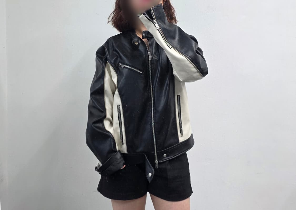 [프립]키뮤어 유니크 배색 레더 라이더 재킷 상품이미지1