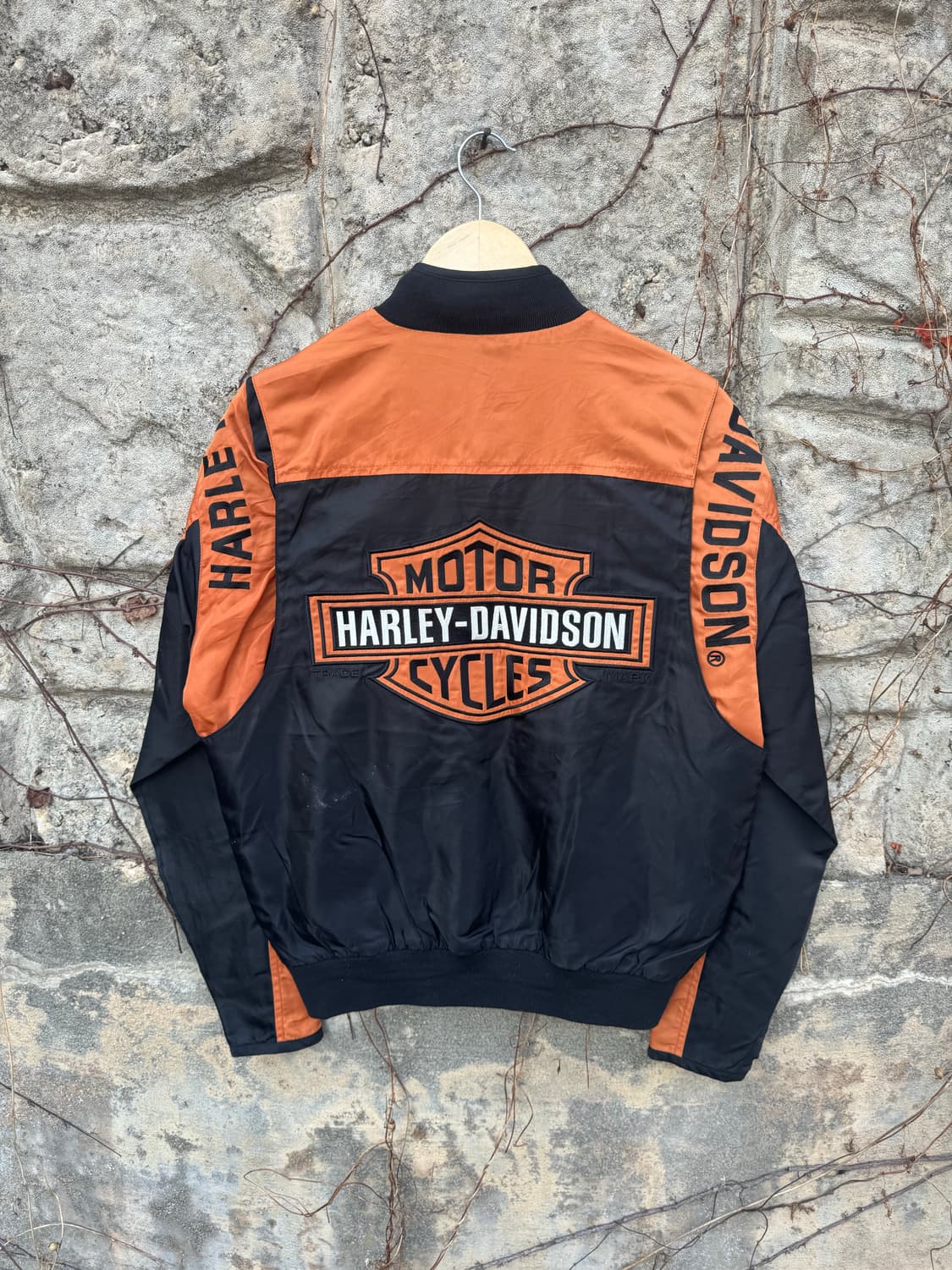 할리데이비슨 빈티지 자수 패치 로고 오렌지 블랙 봄버 자켓 상품이미지2