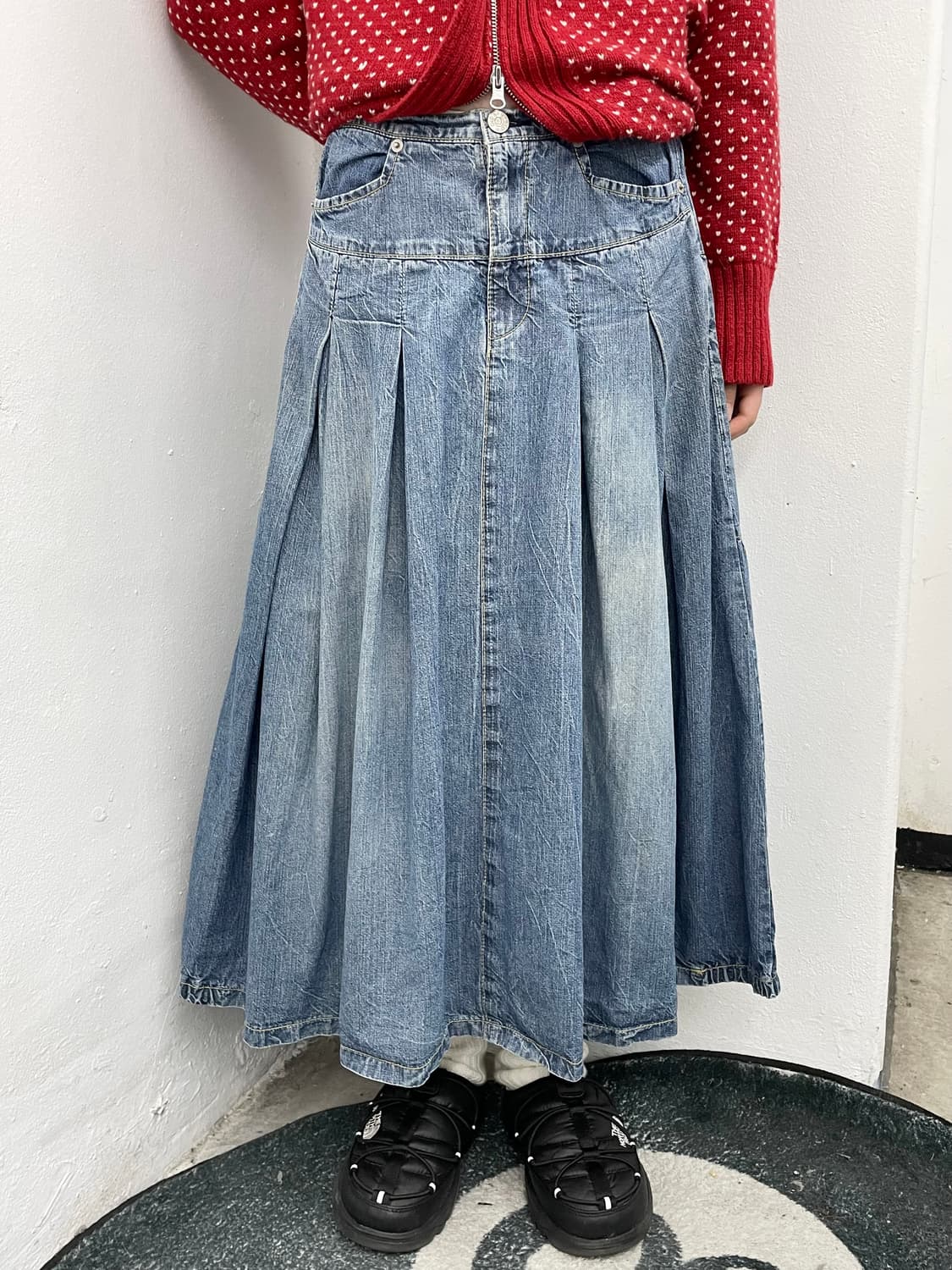 워싱 데님 핀턱 롱스커트 상품이미지2