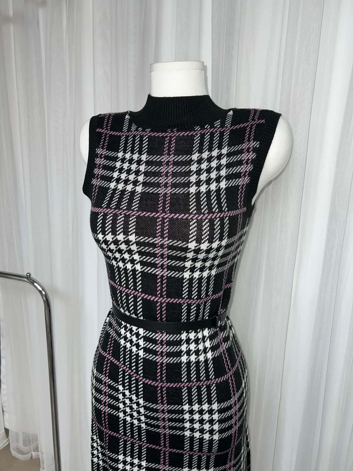 블랙 퍼플 체크 니트 롱 원피스 상품이미지2