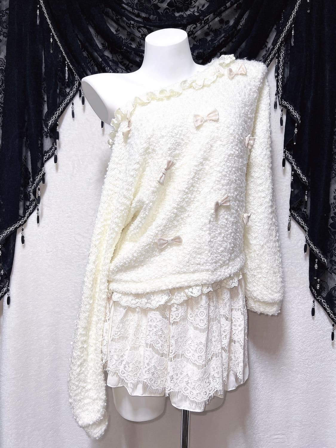 리즈리사 달천깔 라떼갸루 히메 로맨틱 로걀 백리본 뽀글이 니트 핀터 희귀 상품이미지1