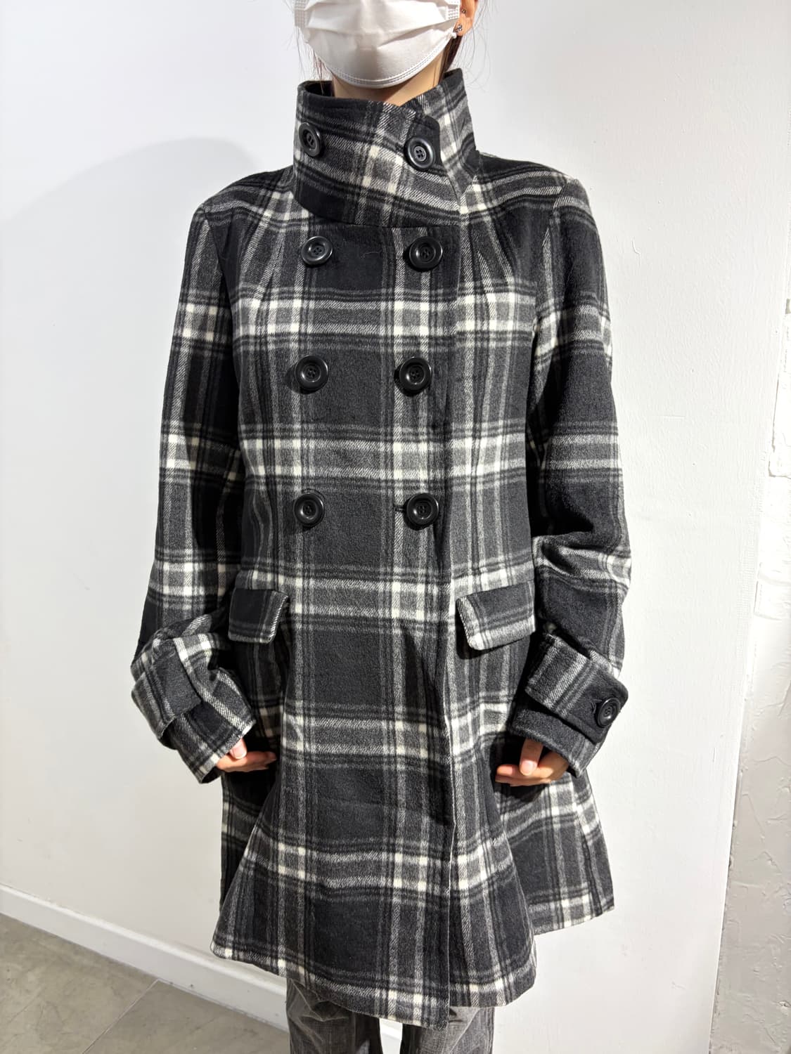 일본 빈티지 FOVL 락펑크 체크 더블버튼 미디 코트 상품이미지1