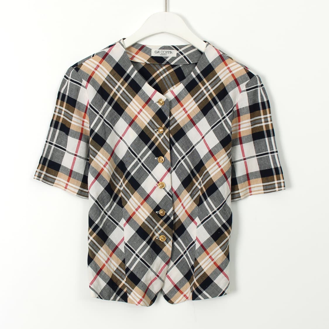 일본 빈티지 체크 인견 골드 버튼 라운드 넥 반팔 블라우스 상품이미지1