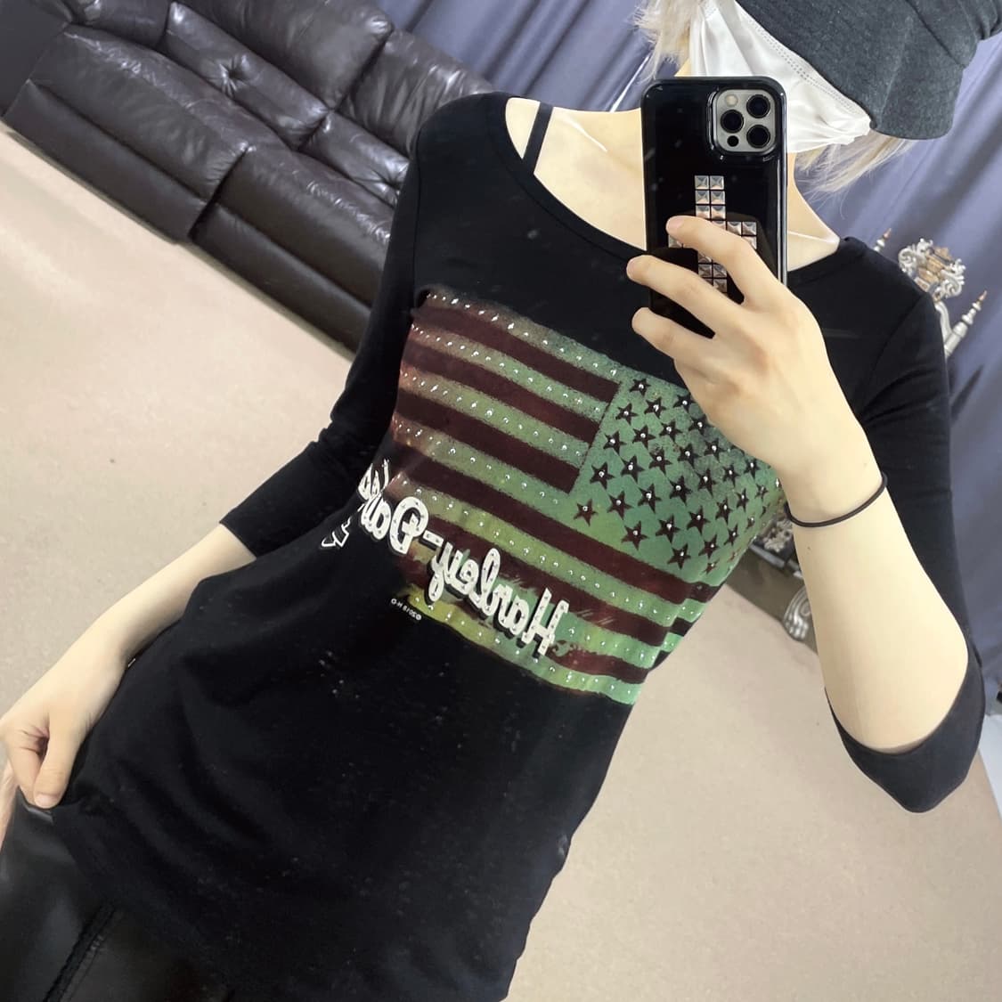 할리데이비슨 빈티지 성조기 큐빅 7부 소매 슬리브 티셔츠 M y2k 상품이미지1