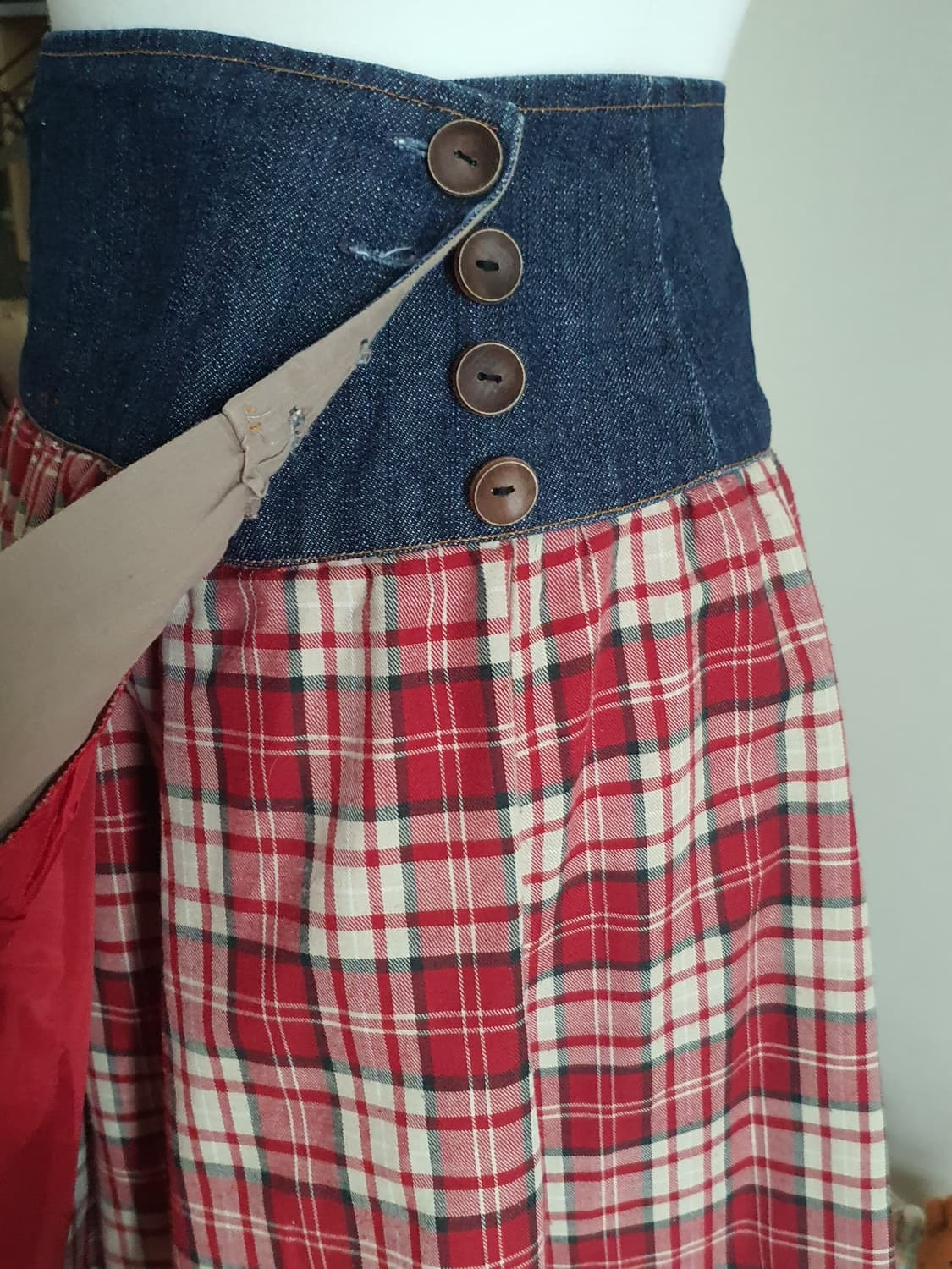 [빈티지] 체크 롱 스커트 데님 허리 치마 상품이미지2