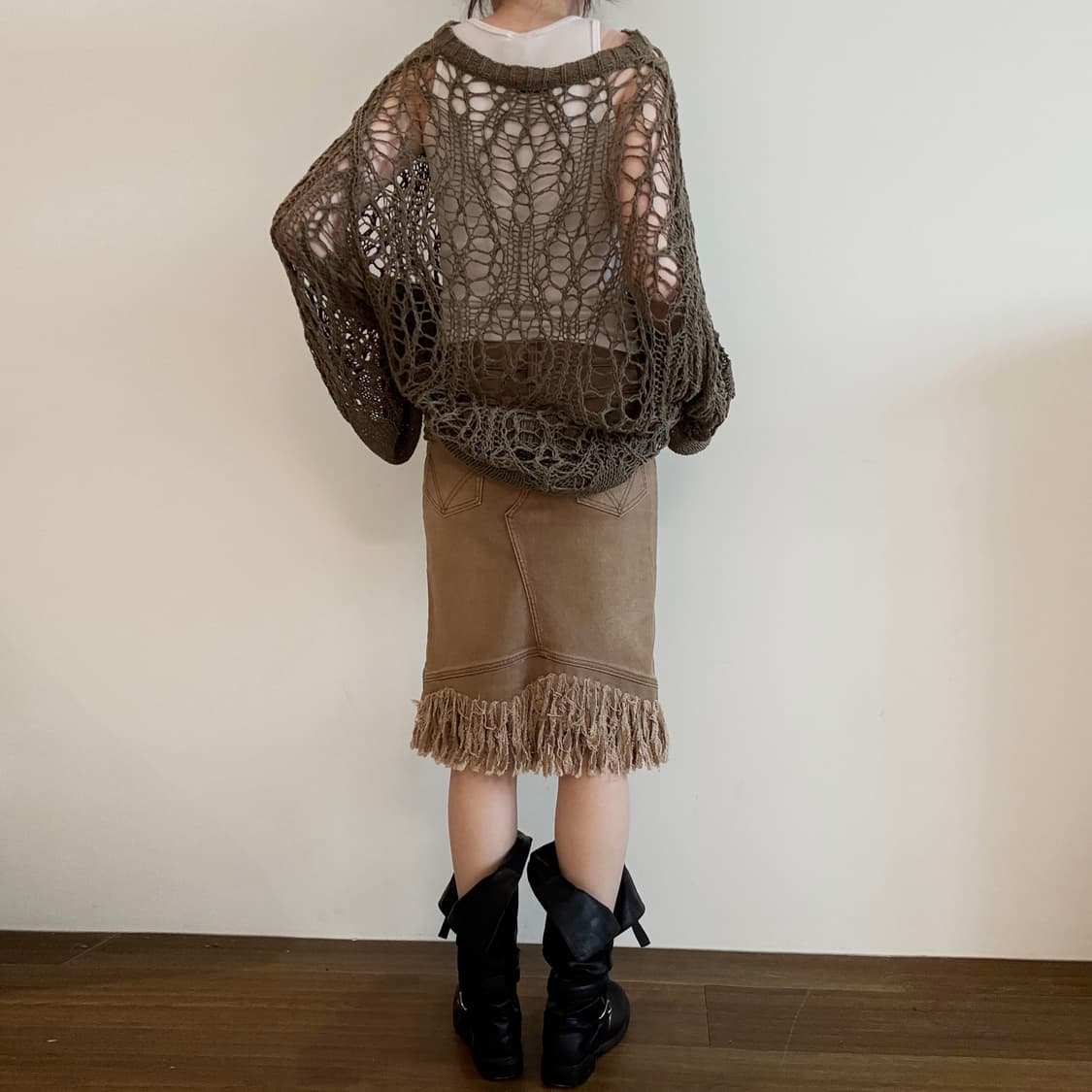 Fringe Detail Raw Hem Denim Skirt 상품이미지4