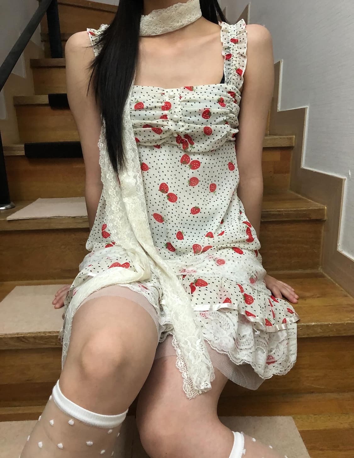 빈티지 화이트 스트로베리 슬립 원피스 상품이미지1