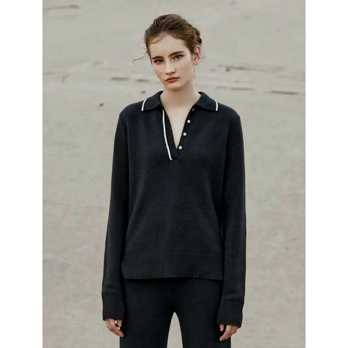 퓨어캐시미어 NYC 배색 라인 폴로 니트 상품이미지1