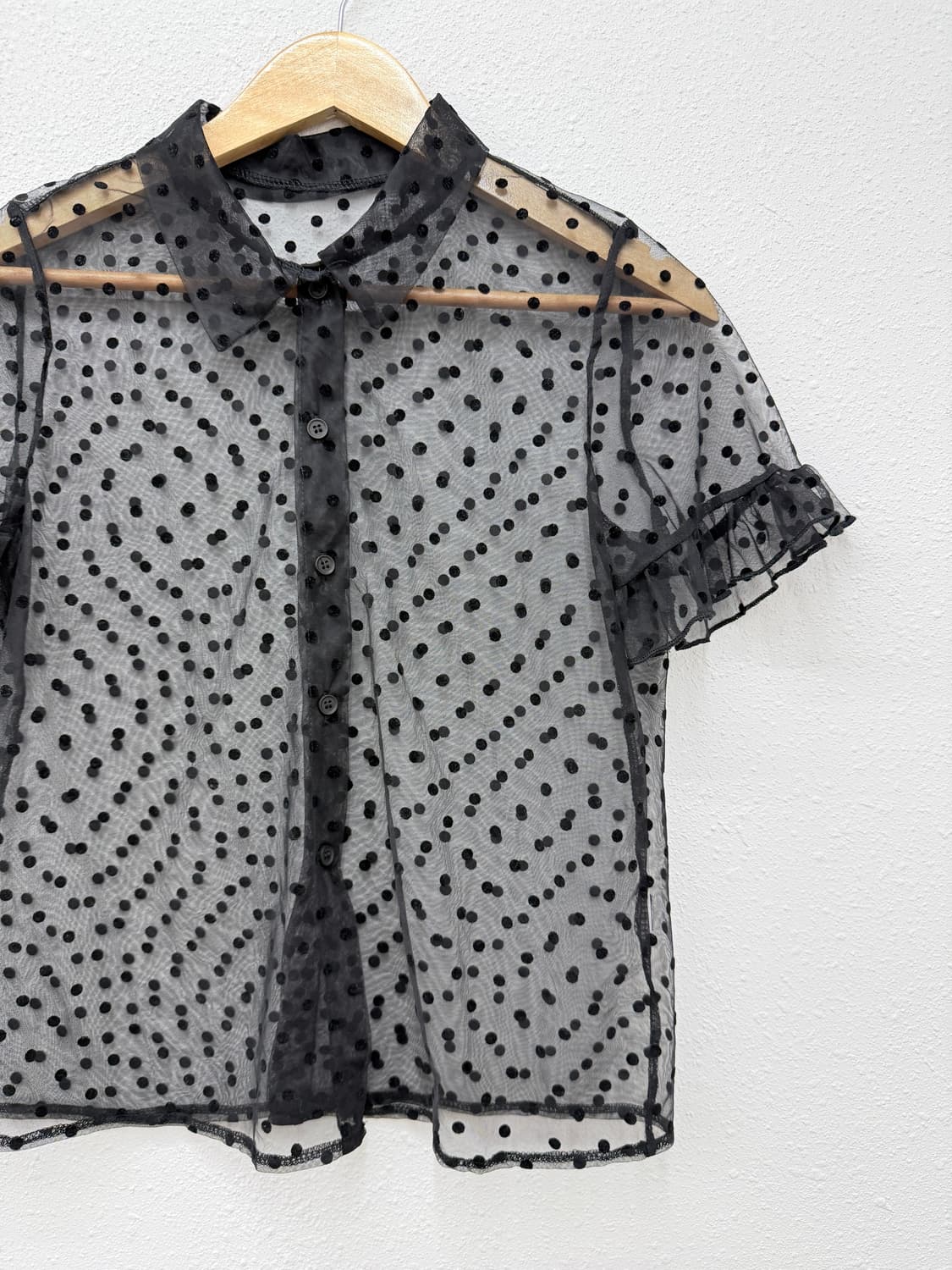 빈티지 블랙 도트 시스루 프릴 레이어드 셔츠 상품이미지2