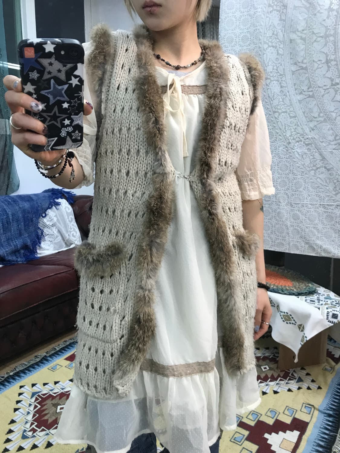 빈티지 여성 퍼 민소매 롱 가디건 (Z1006) 상품이미지1