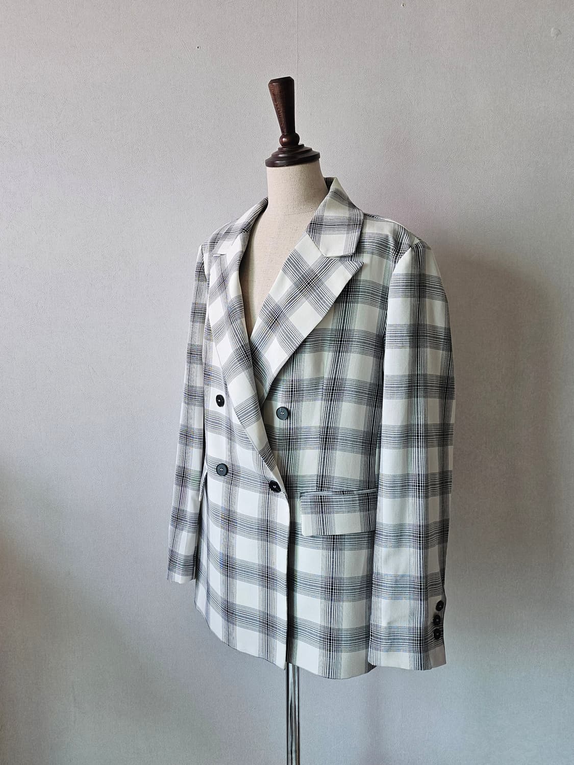 일본감성 크림 체크 자켓 여리핏 더블 봄~여름 아우터 (로미스토리) 상품이미지4