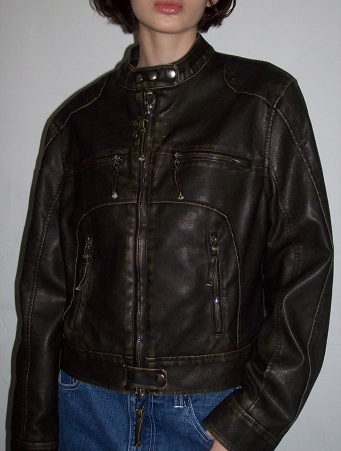 파르티멘토 워시드 레더 바이크 자켓 카키 브라운 M 상품이미지2