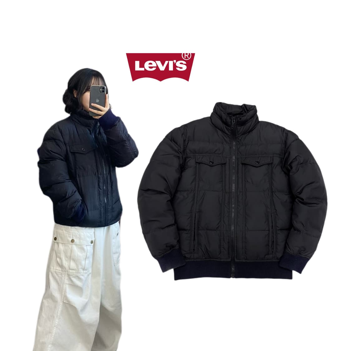 리바이스 하이넥 덕다운 바이커 숏 패딩 블랙 상품이미지1