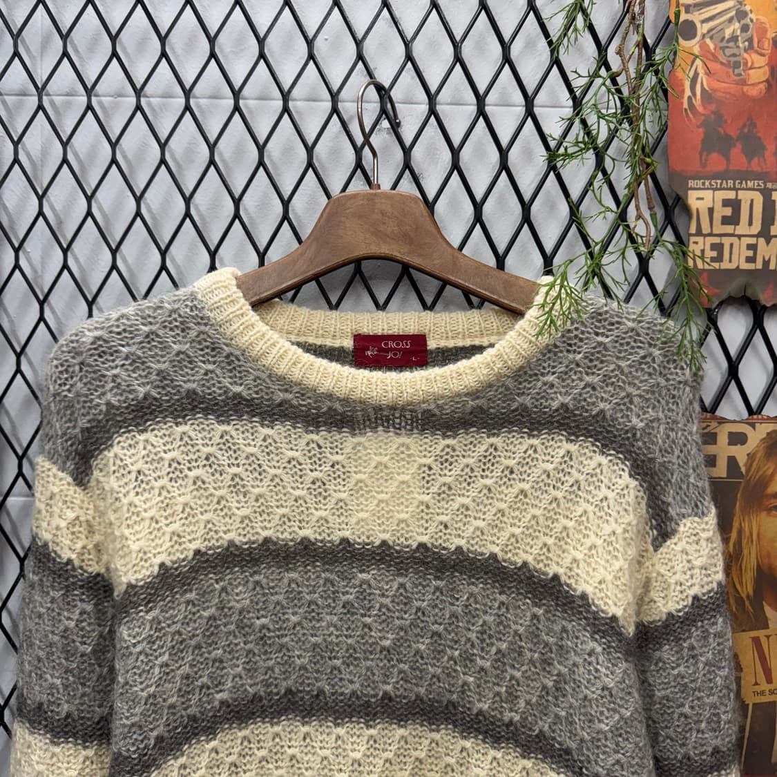 90s JPN VINTAGE 스트라이프 패턴 니트 그레이 아이보리 배색 상품이미지3