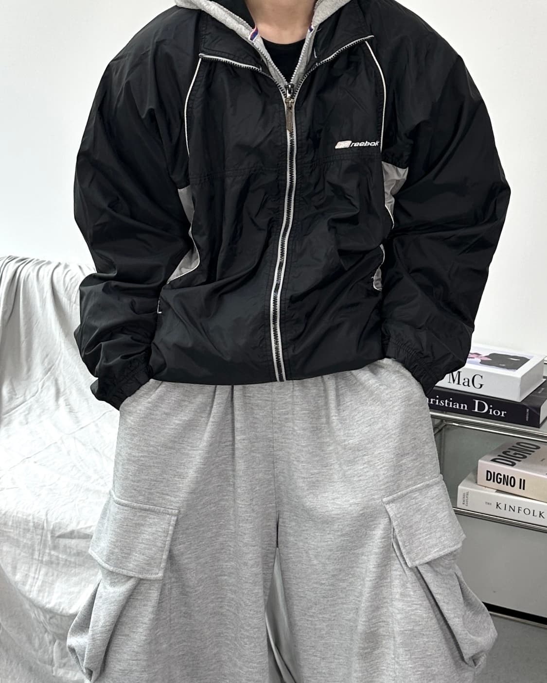 리복 블랙 그레이 올드스쿨 바람막이 L 상품이미지1