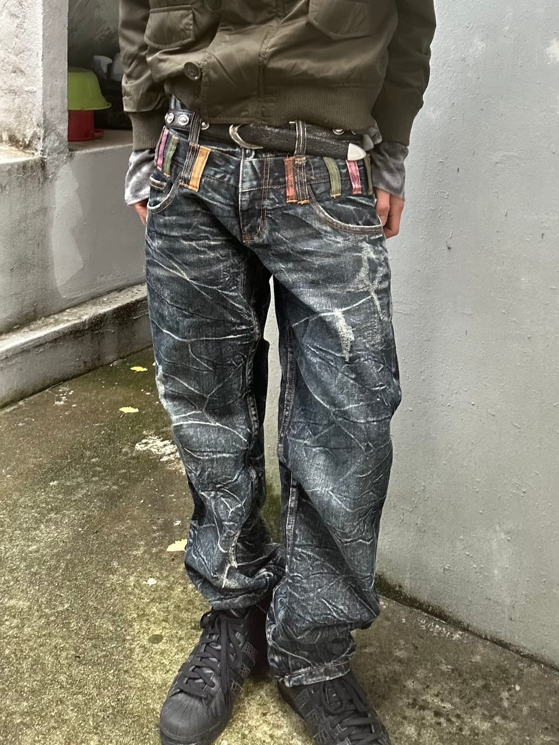 2000s JPN Y2K 투웨이스트 워싱 디테일 데님팬츠 상품이미지1