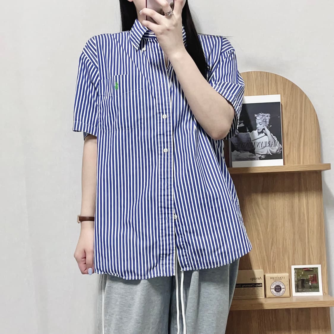 [정품] 폴로 네이비 / 그린포니 스트라이프 반팔셔츠 [ M ] 상품이미지2