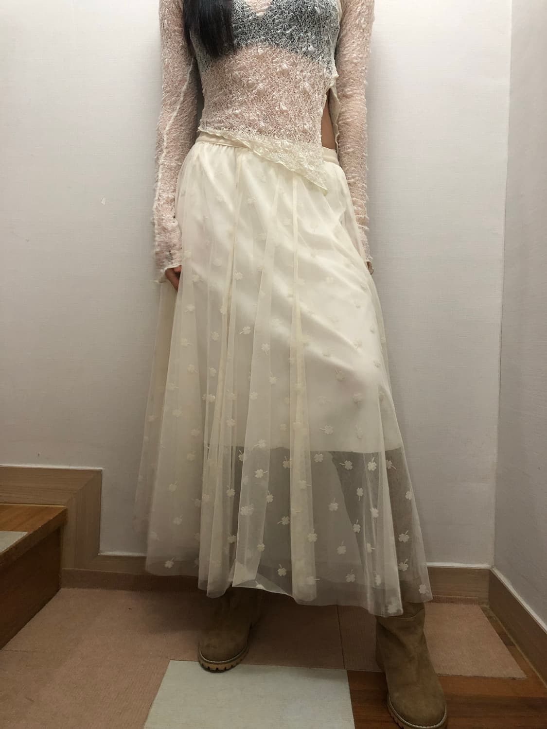 빈티지 화이트 클로버 레이스 롱 스커트 상품이미지2