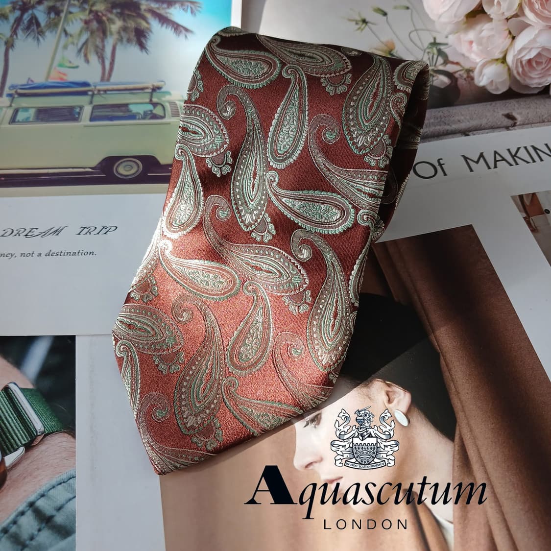 아쿠아스큐텀 실크 브라운 페이즐리 넥타이 9.1cm A+등급 A19453 상품이미지2