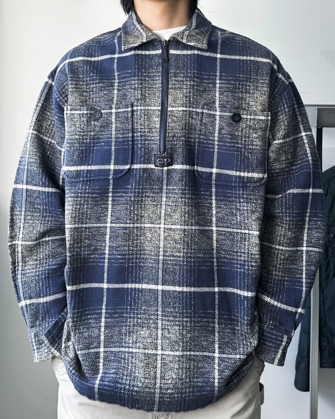 Caspi 투포켓 플란넬 체크 풀오버 하프 집 셔츠 상품이미지1