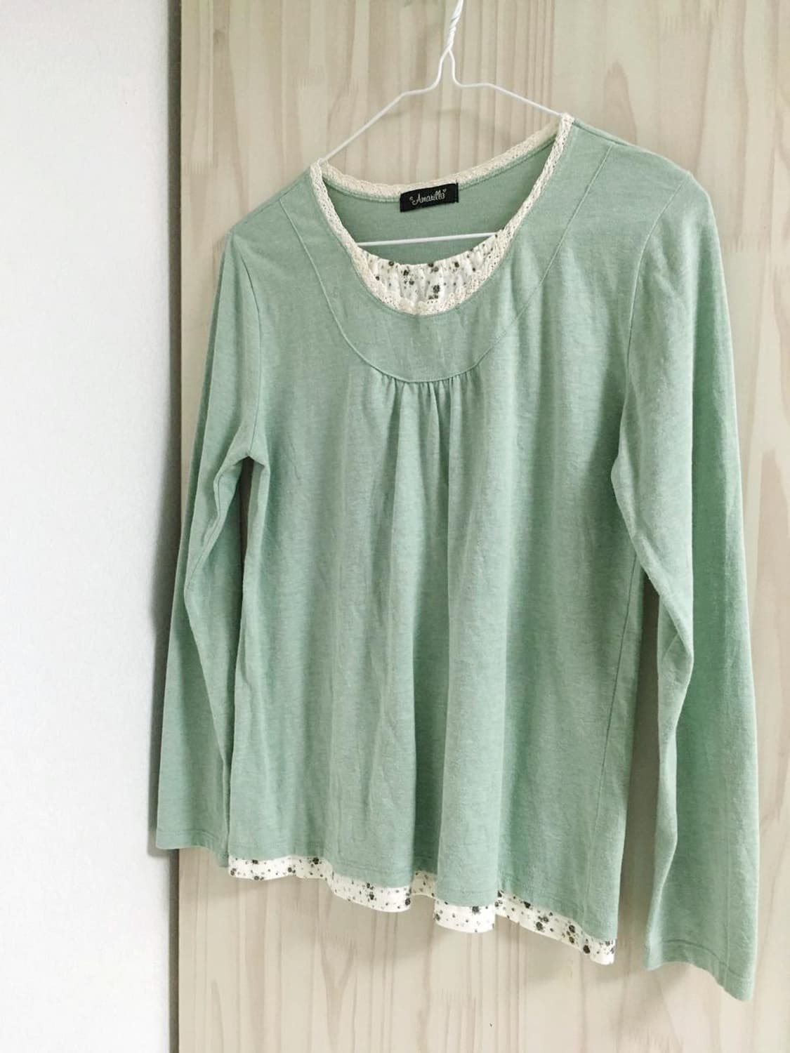 일본빈티지 잔꽃 레이어드 민트 뮤트 레이스 긴팔 티셔츠 모리걸 모리노가토 상품이미지2