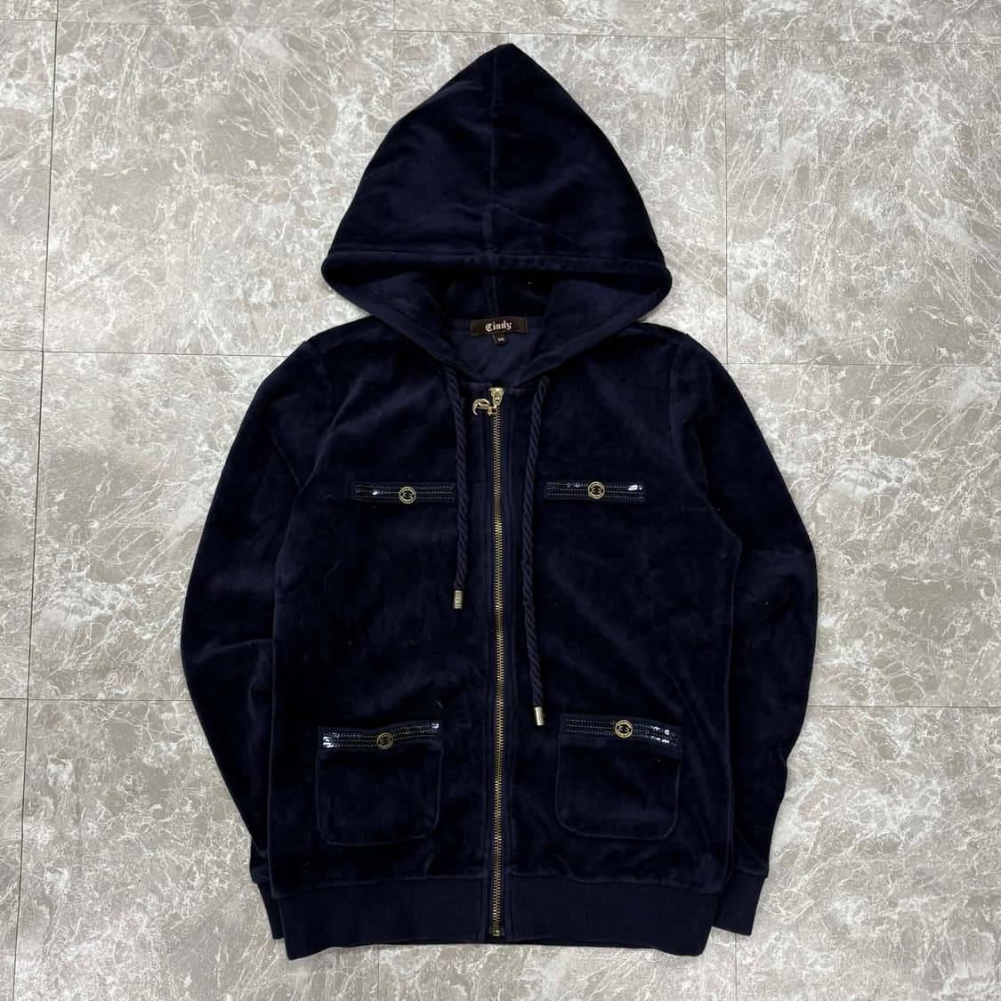 y2k 네이비 벨루어 벨벳 포켓 후드집업 희귀져지(90) 상품이미지3