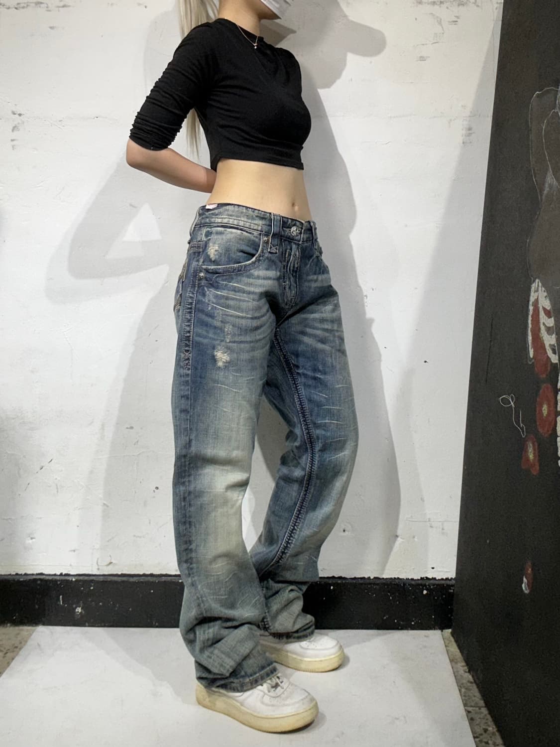 락 리바이벌 y2k 와이드 자수 워싱 데님 팬츠 새깅 힙합 청바지 상품이미지1