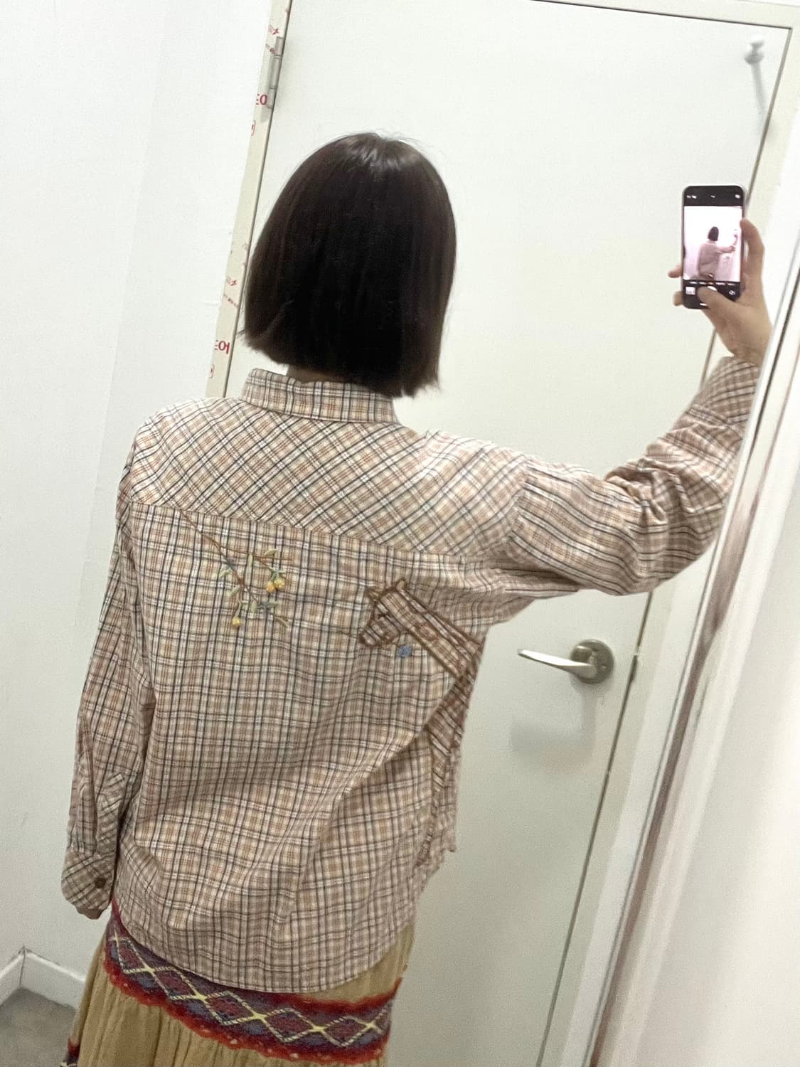 일본 빈티지 모리걸 기린자수 체크 셔츠 상품이미지2
