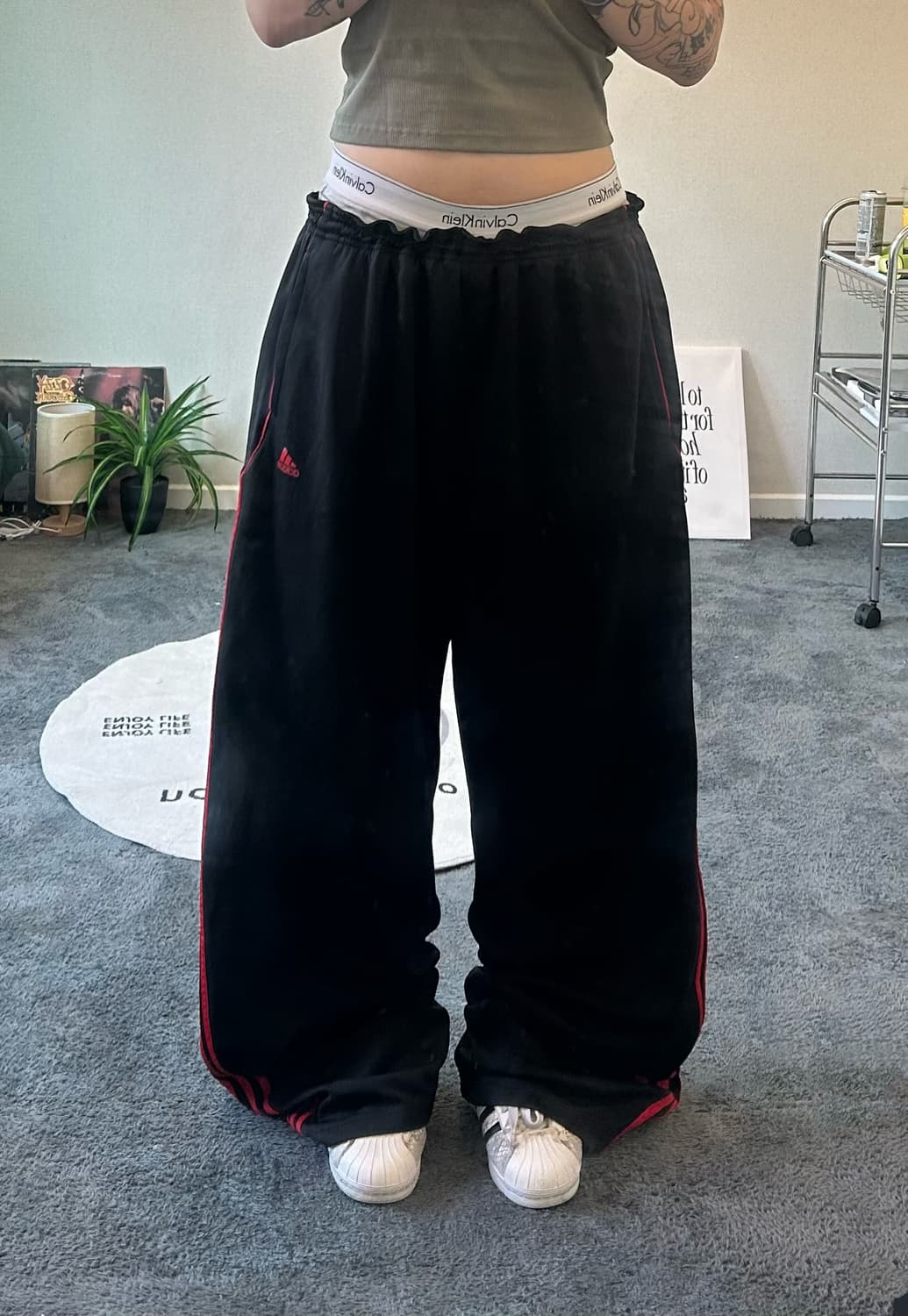 90s ADIDAS 블랙&레드 와이드 져지트랙팬츠 상품이미지3