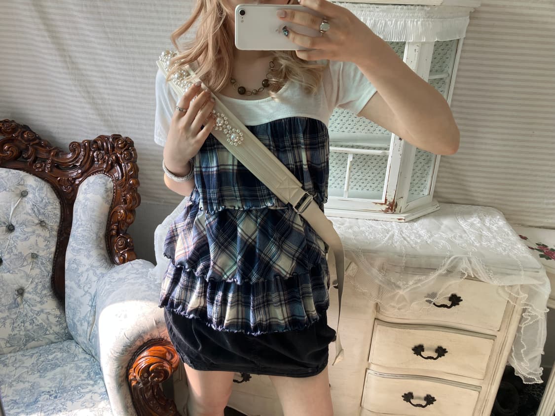 빈티지 블루 체크 캉캉 반팔 블라우스 상품이미지5