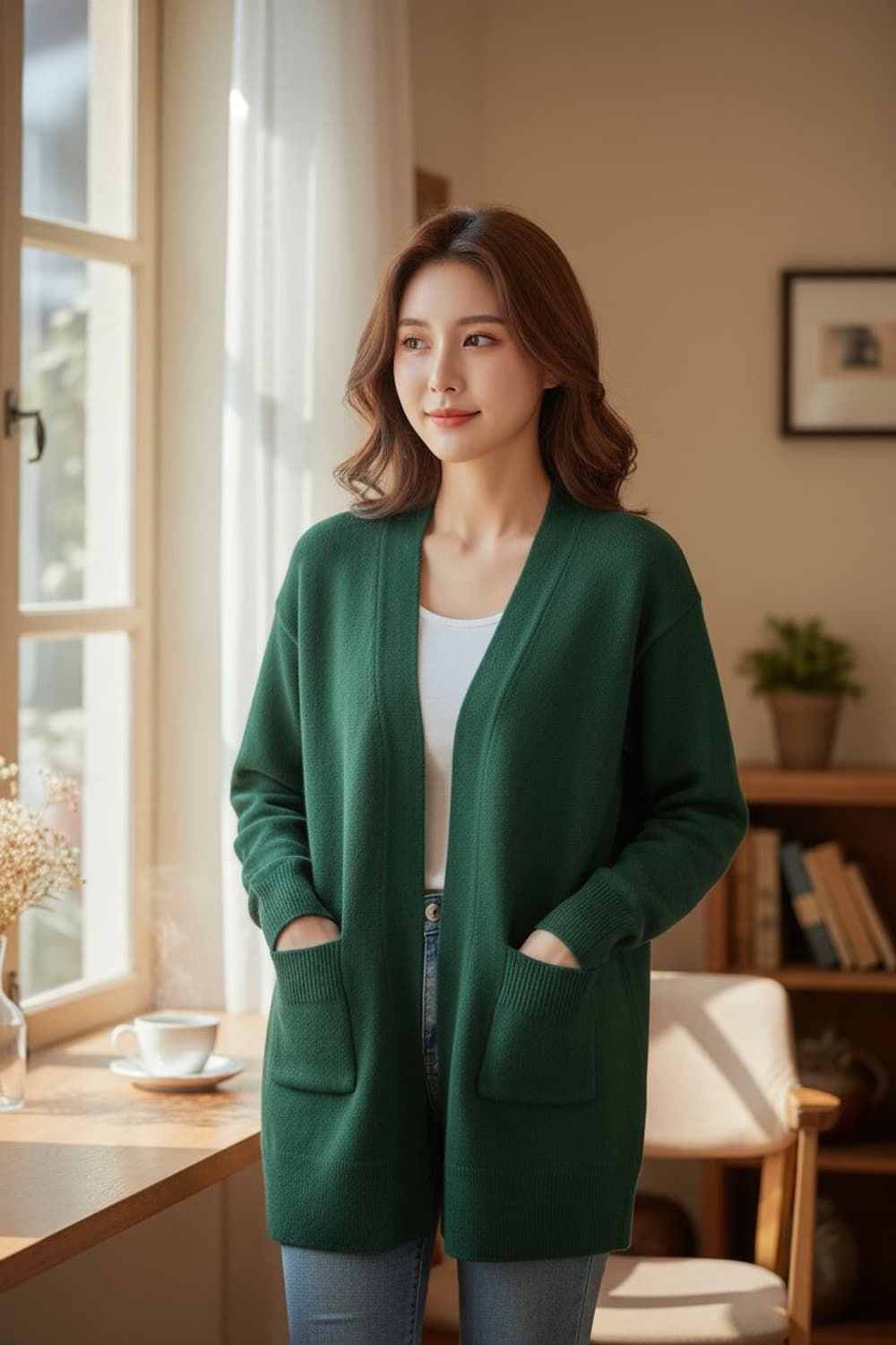 여성 그린색 니트 가디건 진초록 포켓 루즈핏 상품이미지1