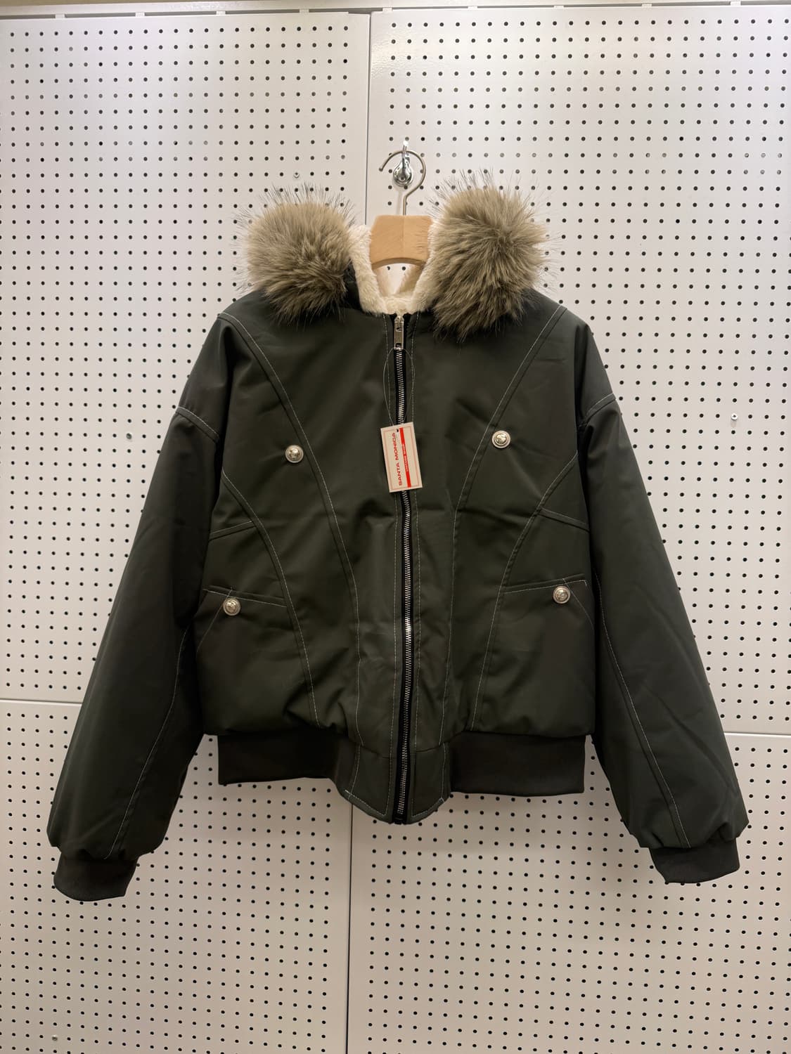 빈티지 퍼 후드 숏 패딩 점퍼 카키  상품이미지2